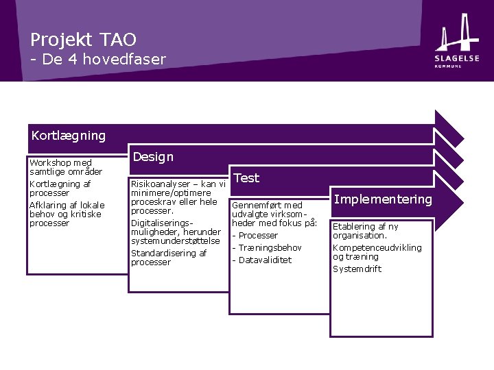 Projekt TAO - De 4 hovedfaser Kortlægning Workshop med samtlige områder Kortlægning af processer