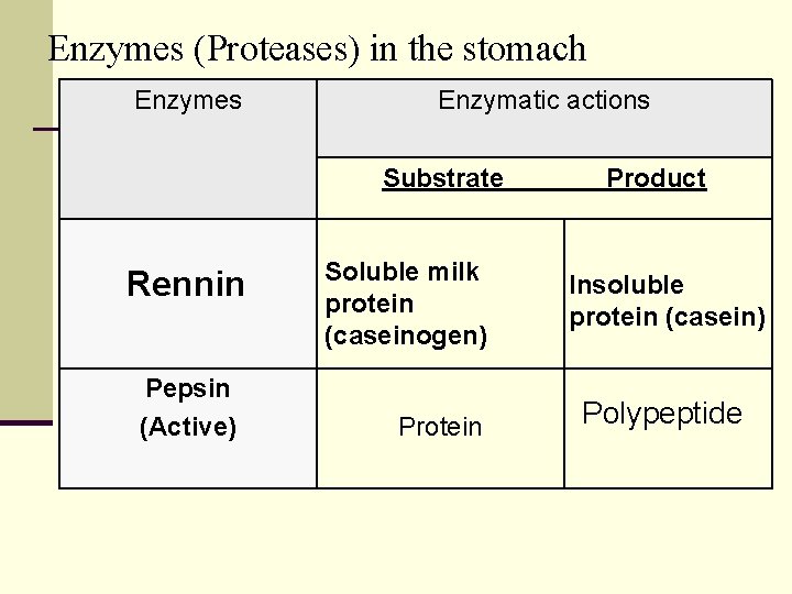 Enzymes (Proteases) in the stomach Enzymes Enzymatic actions Substrate Rennin Pepsin (Active) Soluble milk