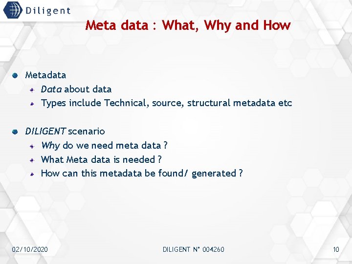 Meta data : What, Why and How Metadata Data about data Types include Technical,