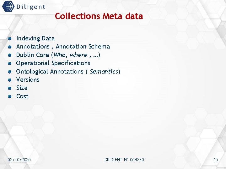 Collections Meta data Indexing Data Annotations , Annotation Schema Dublin Core (Who, where ,