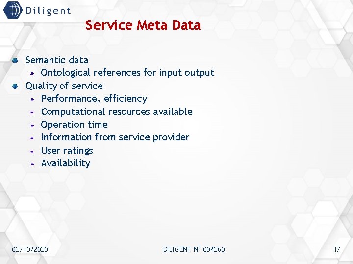 Service Meta Data Semantic data Ontological references for input output Quality of service Performance,