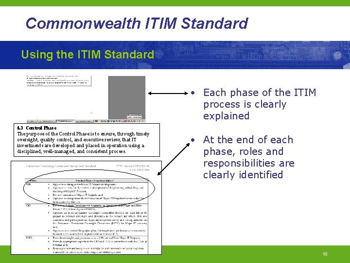 Commonwealth ITIM Standard Using the ITIM Standard • Each phase of the ITIM process