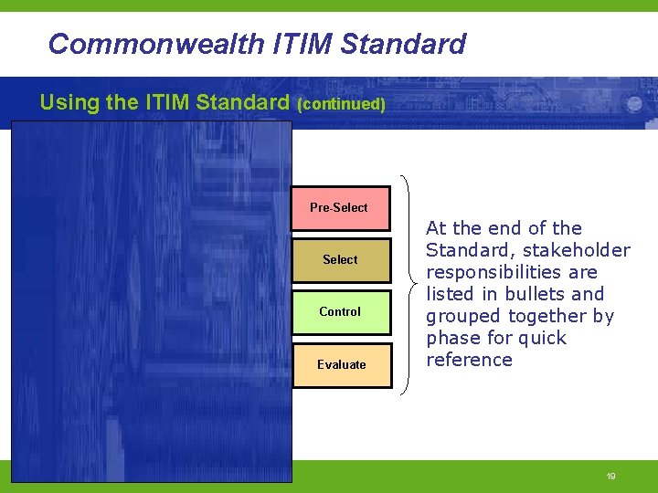 Commonwealth ITIM Standard Using the ITIM Standard (continued) Pre-Select Control Evaluate At the end