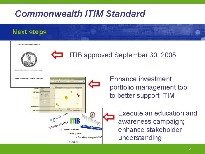 Commonwealth ITIM Standard Next steps ITIB approved September 30, 2008 Enhance investment portfolio management