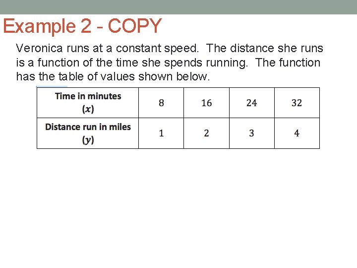Example 2 - COPY Veronica runs at a constant speed. The distance she runs