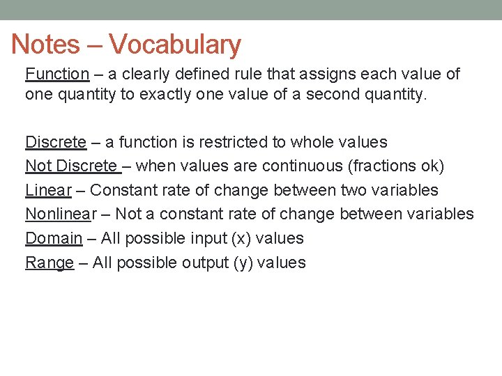 Notes – Vocabulary Function – a clearly defined rule that assigns each value of