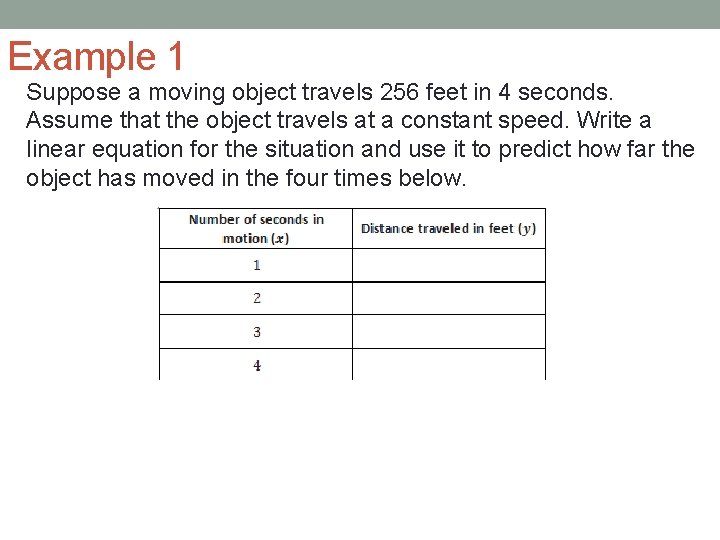 Example 1 Suppose a moving object travels 256 feet in 4 seconds. Assume that