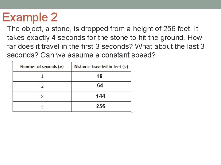 Example 2 The object, a stone, is dropped from a height of 256 feet.