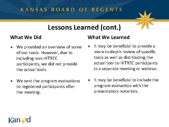 Lessons Learned (cont. ) What We Did What We Learned « We provided an