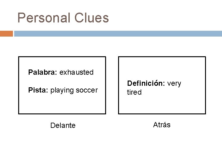 Personal Clues Palabra: exhausted Pista: playing soccer Delante Definición: very tired Atrás 