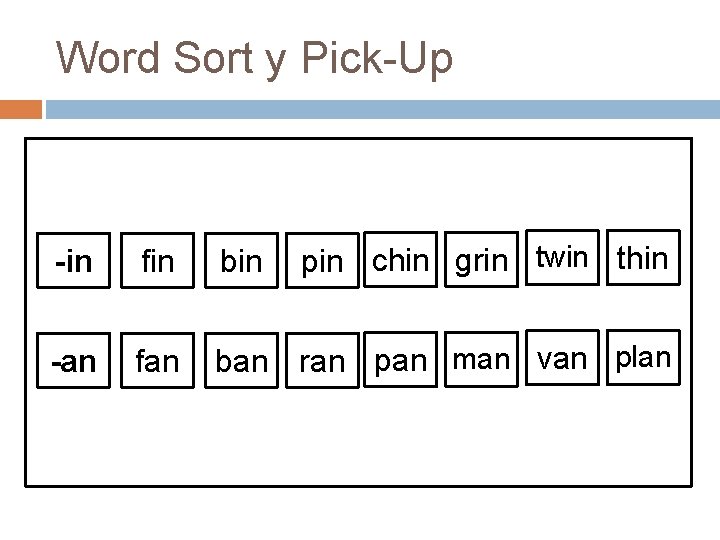 Word Sort y Pick-Up pin chin grin twin thin -in fin bin -an fan