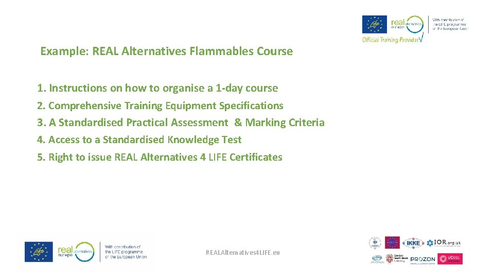Example: REAL Alternatives Flammables Course 1. Instructions on how to organise a 1 -day
