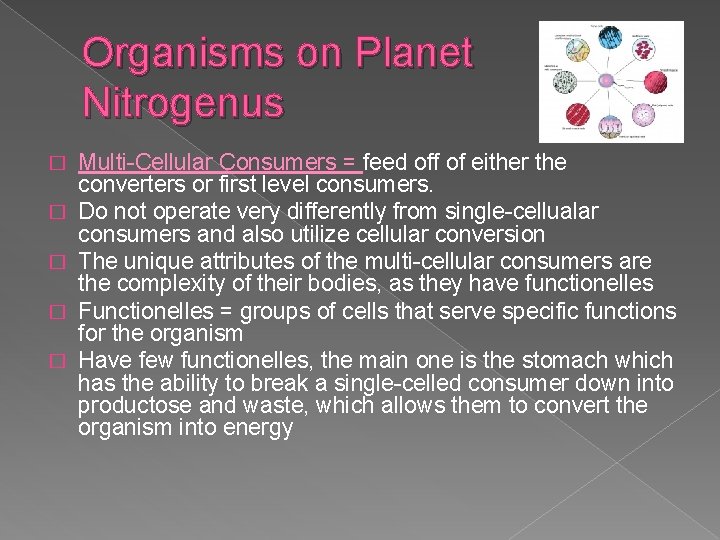 Organisms on Planet Nitrogenus � � � Multi-Cellular Consumers = feed off of either