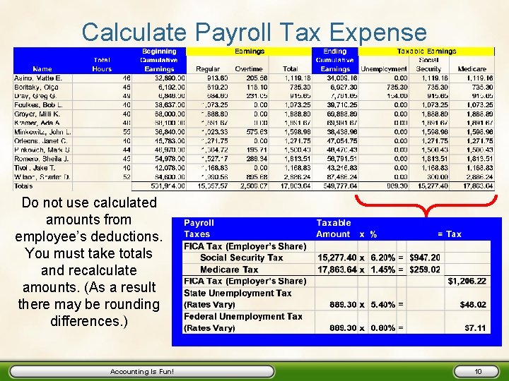 Calculate Payroll Tax Expense Do not use calculated amounts from employee’s deductions. You must