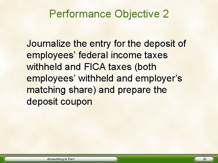 Performance Objective 2 Journalize the entry for the deposit of employees’ federal income taxes
