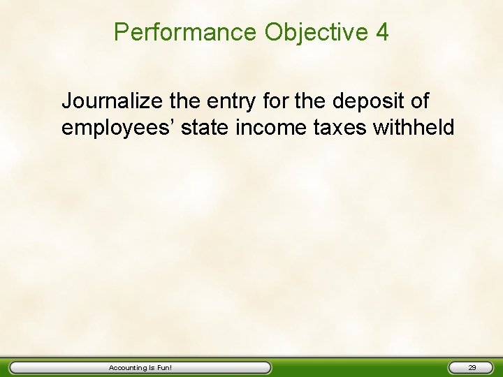 Performance Objective 4 Journalize the entry for the deposit of employees’ state income taxes