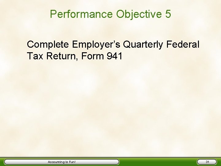 Performance Objective 5 Complete Employer’s Quarterly Federal Tax Return, Form 941 Accounting Is Fun!