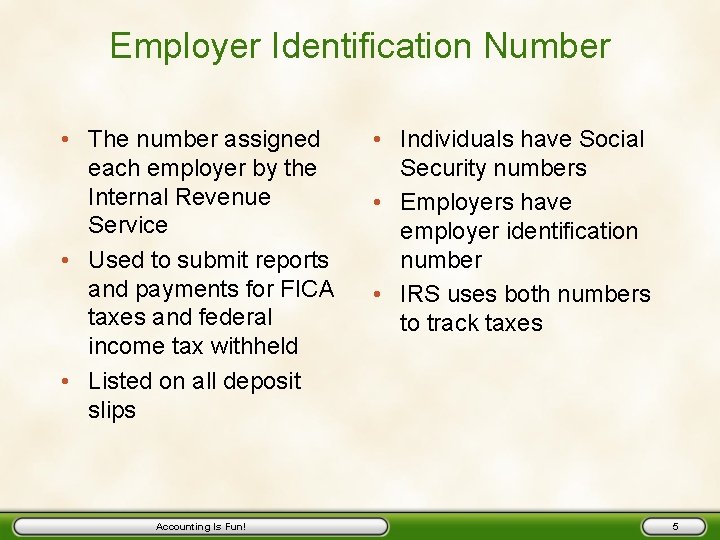 Employer Identification Number • The number assigned each employer by the Internal Revenue Service