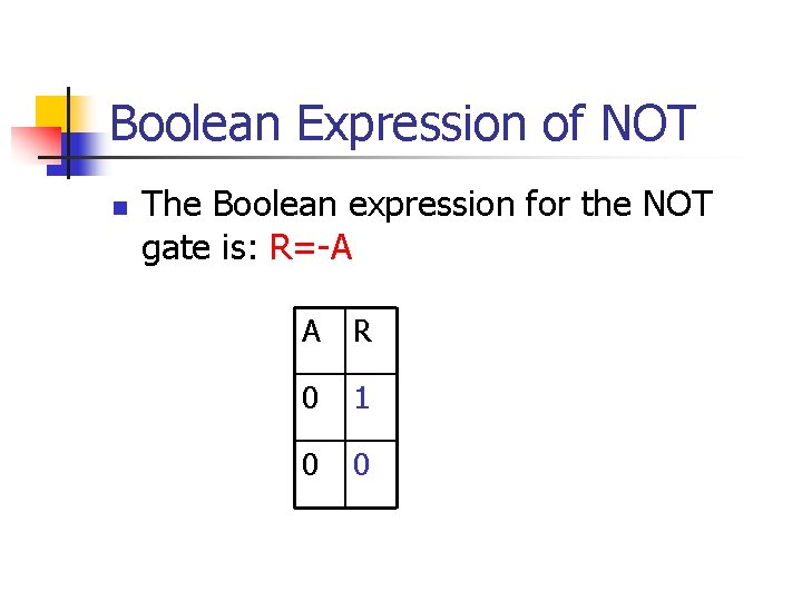 Boolean Expression of NOT n The Boolean expression for the NOT gate is: R=-A