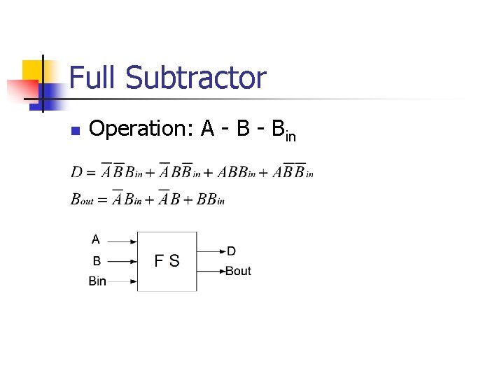 Full Subtractor n Operation: A - Bin 