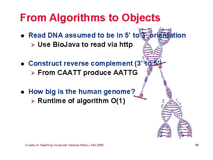 From Algorithms to Objects l Read DNA assumed to be in 5’ to 3’