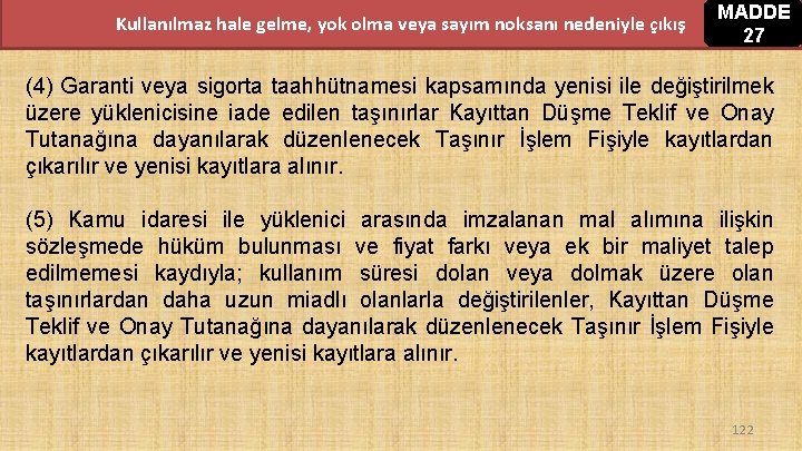 Kullanılmaz hale gelme, yok olma veya sayım noksanı nedeniyle çıkış MADDE 27 (4) Garanti Kullanılmaz hale gelme, yok olma veya sayım noksanı nedeniyle çıkış MADDE 27 (4) Garanti
