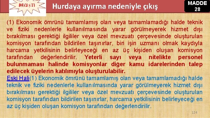 Hurdaya ayırma nedeniyle çıkış MADDE 28 (1) Ekonomik ömrünü tamamlamış olan veya tamamlamadığı halde Hurdaya ayırma nedeniyle çıkış MADDE 28 (1) Ekonomik ömrünü tamamlamış olan veya tamamlamadığı halde