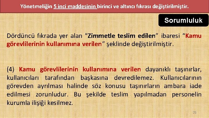 Yönetmeliğin 5 inci maddesinin birinci ve altıncı fıkrası değiştirilmiştir. Sorumluluk Dördüncü fıkrada yer alan Yönetmeliğin 5 inci maddesinin birinci ve altıncı fıkrası değiştirilmiştir. Sorumluluk Dördüncü fıkrada yer alan