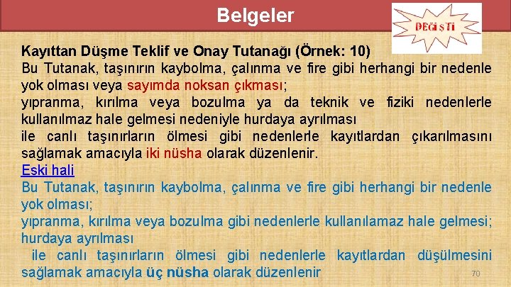 Belgeler Kayıttan Düşme Teklif ve Onay Tutanağı (Örnek: 10) Bu Tutanak, taşınırın kaybolma, çalınma Belgeler Kayıttan Düşme Teklif ve Onay Tutanağı (Örnek: 10) Bu Tutanak, taşınırın kaybolma, çalınma