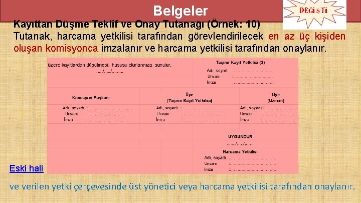 Belgeler Kayıttan Düşme Teklif ve Onay Tutanağı (Örnek: 10) Tutanak, harcama yetkilisi tarafından görevlendirilecek Belgeler Kayıttan Düşme Teklif ve Onay Tutanağı (Örnek: 10) Tutanak, harcama yetkilisi tarafından görevlendirilecek