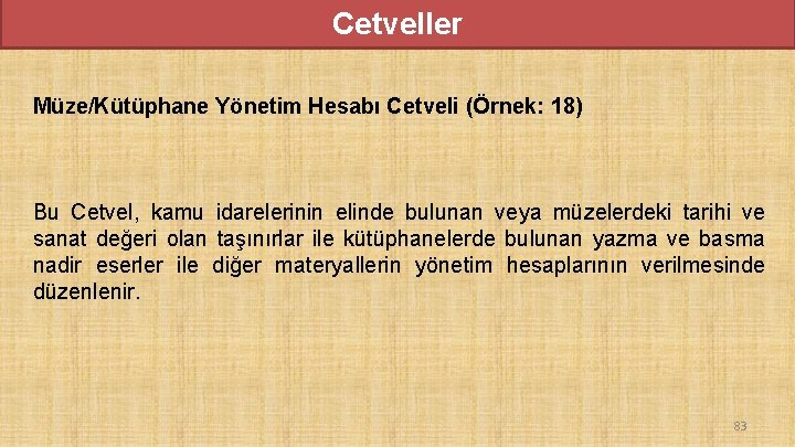 Cetveller Müze/Kütüphane Yönetim Hesabı Cetveli (Örnek: 18) Bu Cetvel, kamu idarelerinin elinde bulunan veya Cetveller Müze/Kütüphane Yönetim Hesabı Cetveli (Örnek: 18) Bu Cetvel, kamu idarelerinin elinde bulunan veya