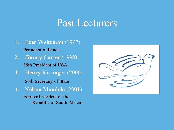 Past Lecturers 1. Ezer Weitzman (1997) President of Israel 2. Jimmy Carter (1998) 39