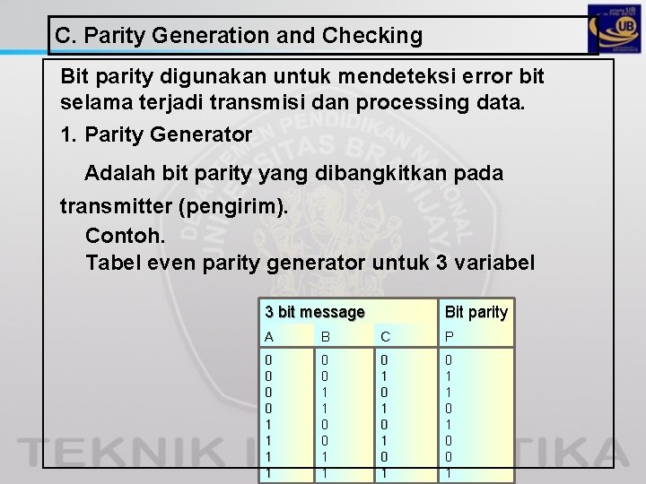 C. Parity Generation and Checking Bit parity digunakan untuk mendeteksi error bit selama terjadi