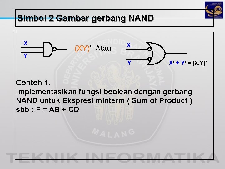Simbol 2 Gambar gerbang NAND X (XY)’ Atau X Y Y X’ + Y’