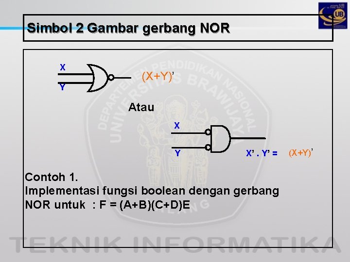 Simbol 2 Gambar gerbang NOR X Y (X+Y)’ Atau X Y X’. Y’ =