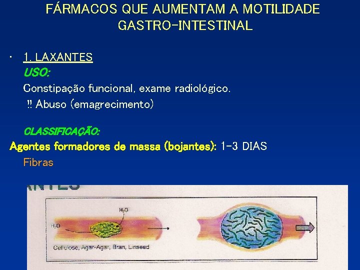FÁRMACOS QUE AUMENTAM A MOTILIDADE GASTRO-INTESTINAL • 1. LAXANTES USO: Constipação funcional, exame radiológico. FÁRMACOS QUE AUMENTAM A MOTILIDADE GASTRO-INTESTINAL • 1. LAXANTES USO: Constipação funcional, exame radiológico.