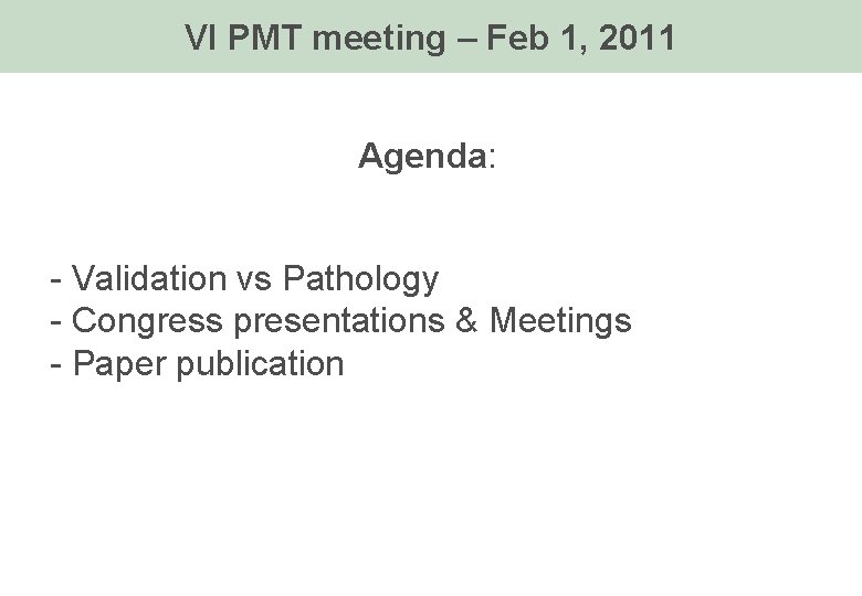 VI PMT meeting – Feb 1, 2011 Agenda: - Validation vs Pathology - Congress