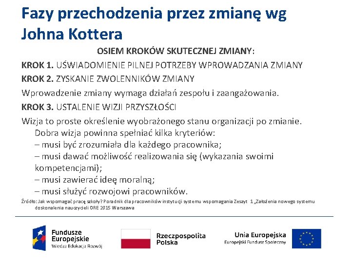 Fazy przechodzenia przez zmianę wg Johna Kottera OSIEM KROKÓW SKUTECZNEJ ZMIANY: KROK 1. UŚWIADOMIENIE