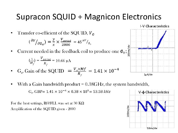 Supracon SQUID + Magnicon Electronics I-V Characteristics 200 mv/div • 1µA/div 200 mv/div V-ɸ