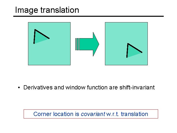 Image translation • Derivatives and window function are shift-invariant Corner location is covariant w.