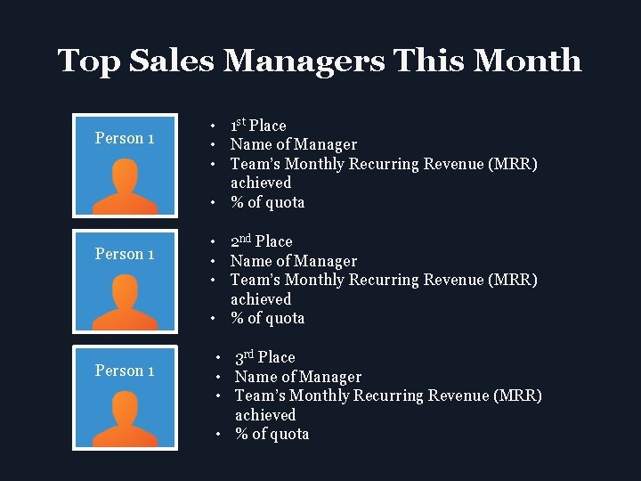 Top Sales Managers This Month Person 1 • 1 st Place • Name of