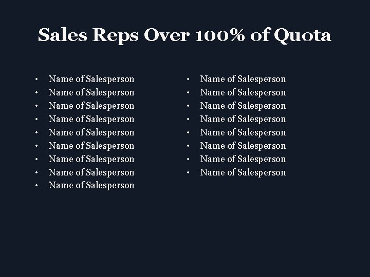 Sales Reps Over 100% of Quota • • • Name of Salesperson Name of