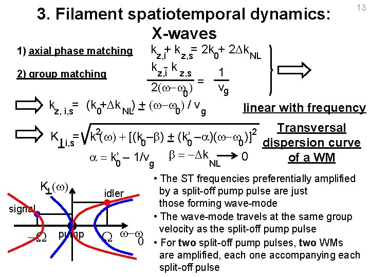 3. Filament spatiotemporal dynamics: X-waves 1) axial phase matching 2) group matching 13 kz, 3. Filament spatiotemporal dynamics: X-waves 1) axial phase matching 2) group matching 13 kz,
