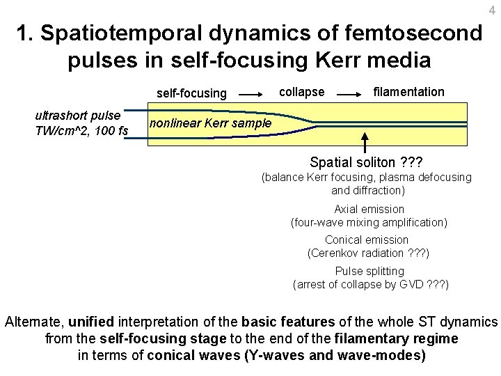 4 1. Spatiotemporal dynamics of femtosecond pulses in self-focusing Kerr media collapse self-focusing ultrashort 4 1. Spatiotemporal dynamics of femtosecond pulses in self-focusing Kerr media collapse self-focusing ultrashort