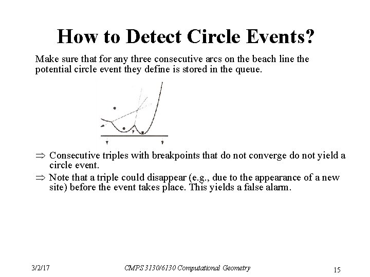 How to Detect Circle Events? Make sure that for any three consecutive arcs on