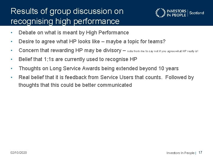 Results of group discussion on recognising high performance • Debate on what is meant Results of group discussion on recognising high performance • Debate on what is meant
