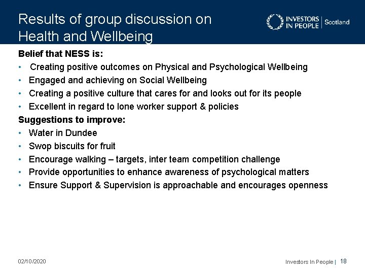 Results of group discussion on Health and Wellbeing Belief that NESS is: • Creating Results of group discussion on Health and Wellbeing Belief that NESS is: • Creating