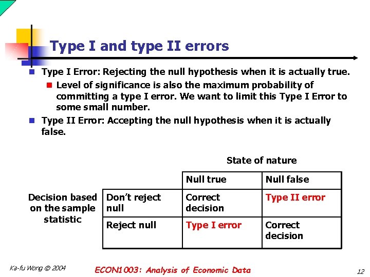 Type I and type II errors n Type I Error: Rejecting the null hypothesis Type I and type II errors n Type I Error: Rejecting the null hypothesis