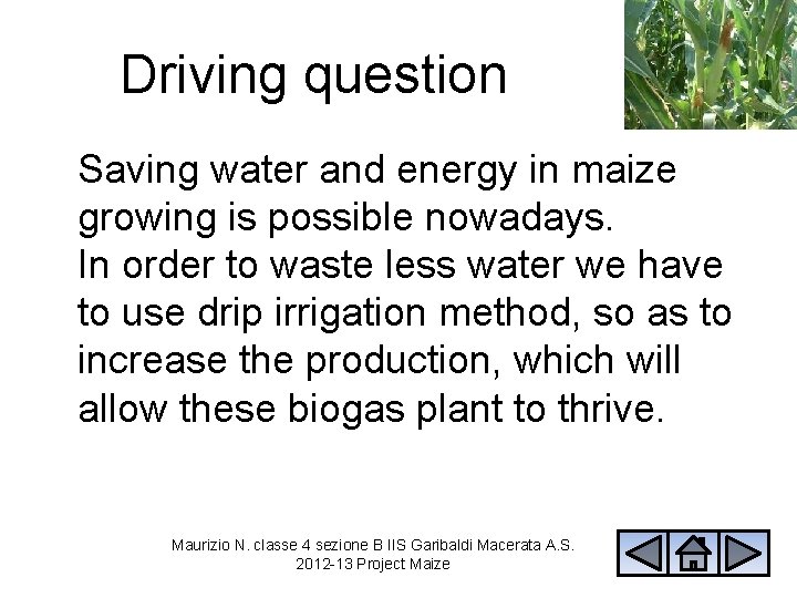 Driving question Saving water and energy in maize growing is possible nowadays. In order