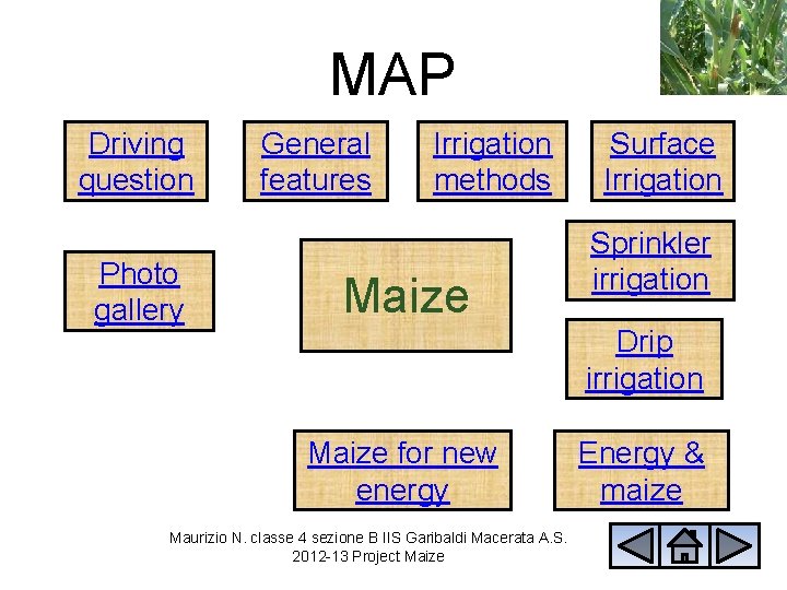 MAP Driving question Photo gallery General features Irrigation methods Maize Surface Irrigation Sprinkler irrigation